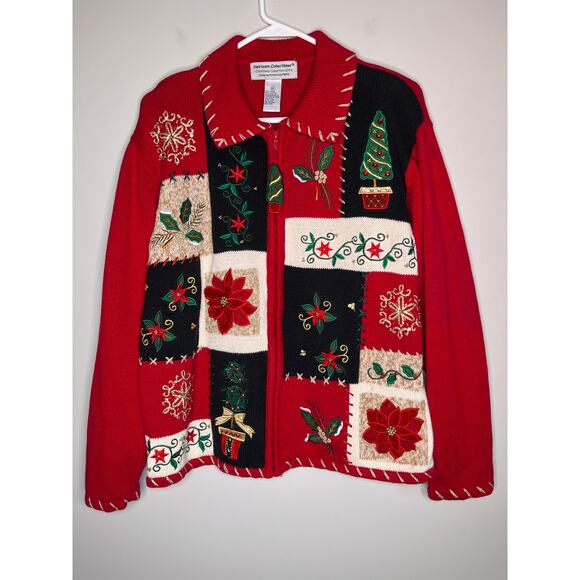 2000s Tiara International Poinsettias Christmas Patchwork Full Zip Sweater XL - Picture 1 of 6